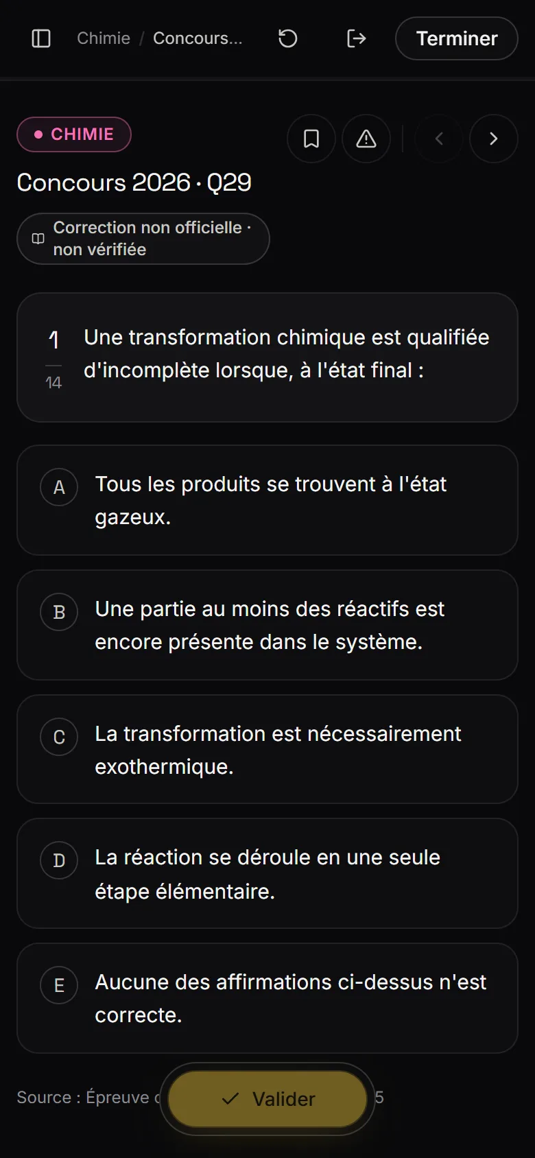 Question de chimie sur téléphone