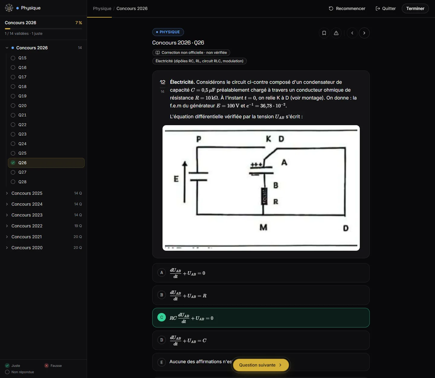 Question de physique avec son schéma de circuit, réponse validée